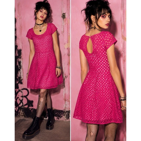 Betsey Johnson Dresses & Skirts - Betsey Johnson Hot Pink Eyelet Lace Fit Flare Dress Keyhole Back Size 10